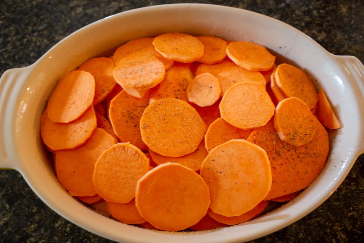 Layers of sliced sweet potatoes.