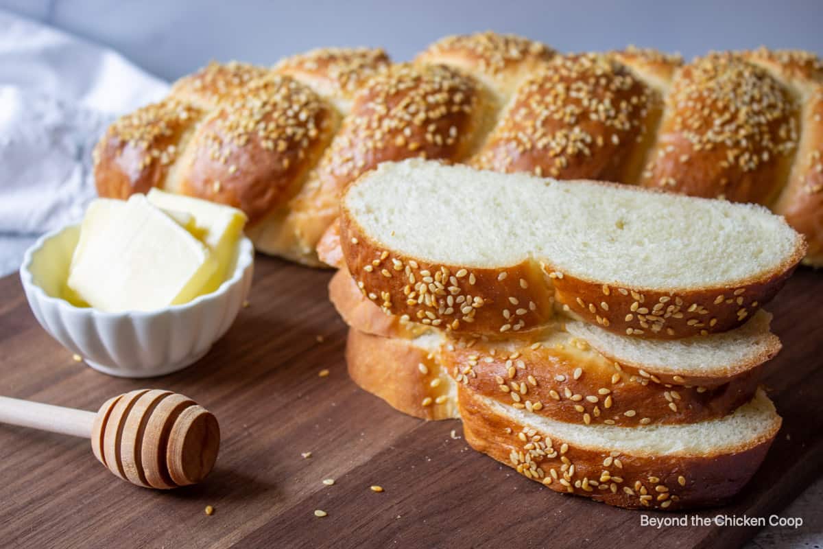 Slices of bread on a cutting board.