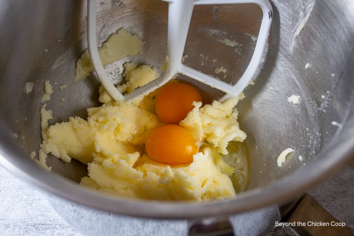 Eggs added to a butter mixture.