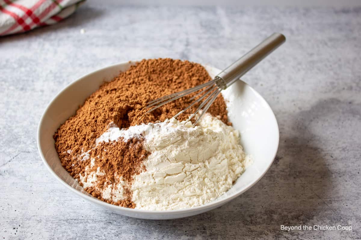 Flour and cocoa powder in a bowl.