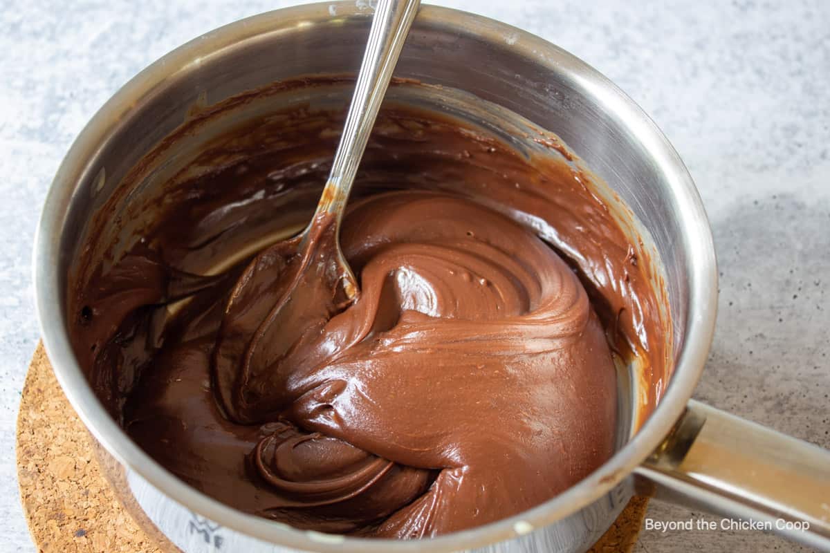 Creamy chocolate sauce in a pan.