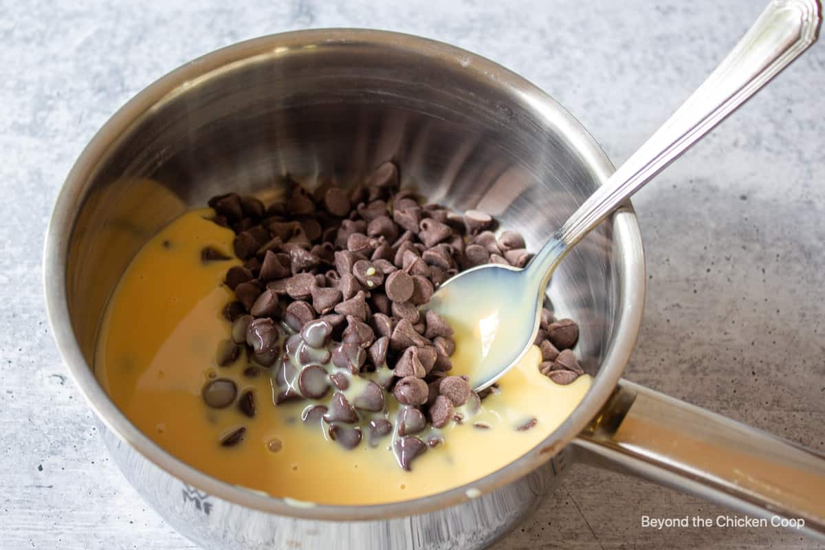 Chocolate chips and sweetened condensed milk in a saucepan.