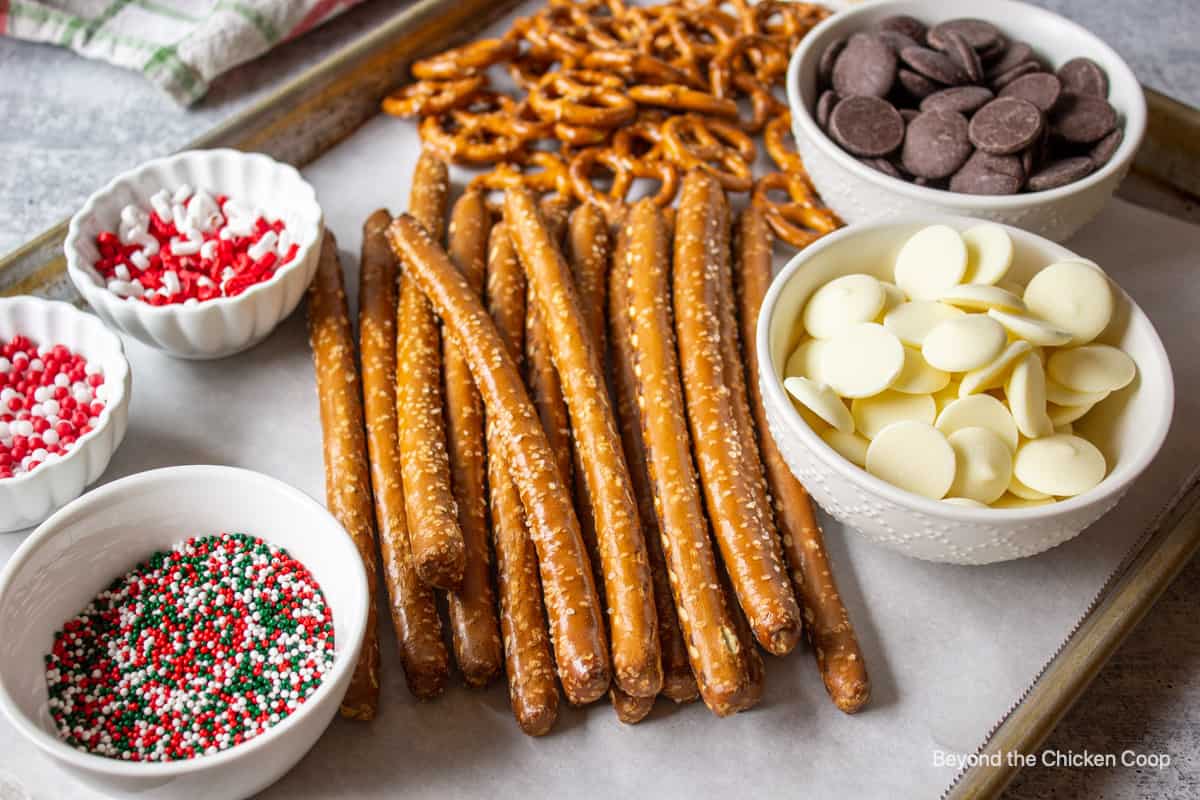 Ingredients for decorating pretzels with chocolate.