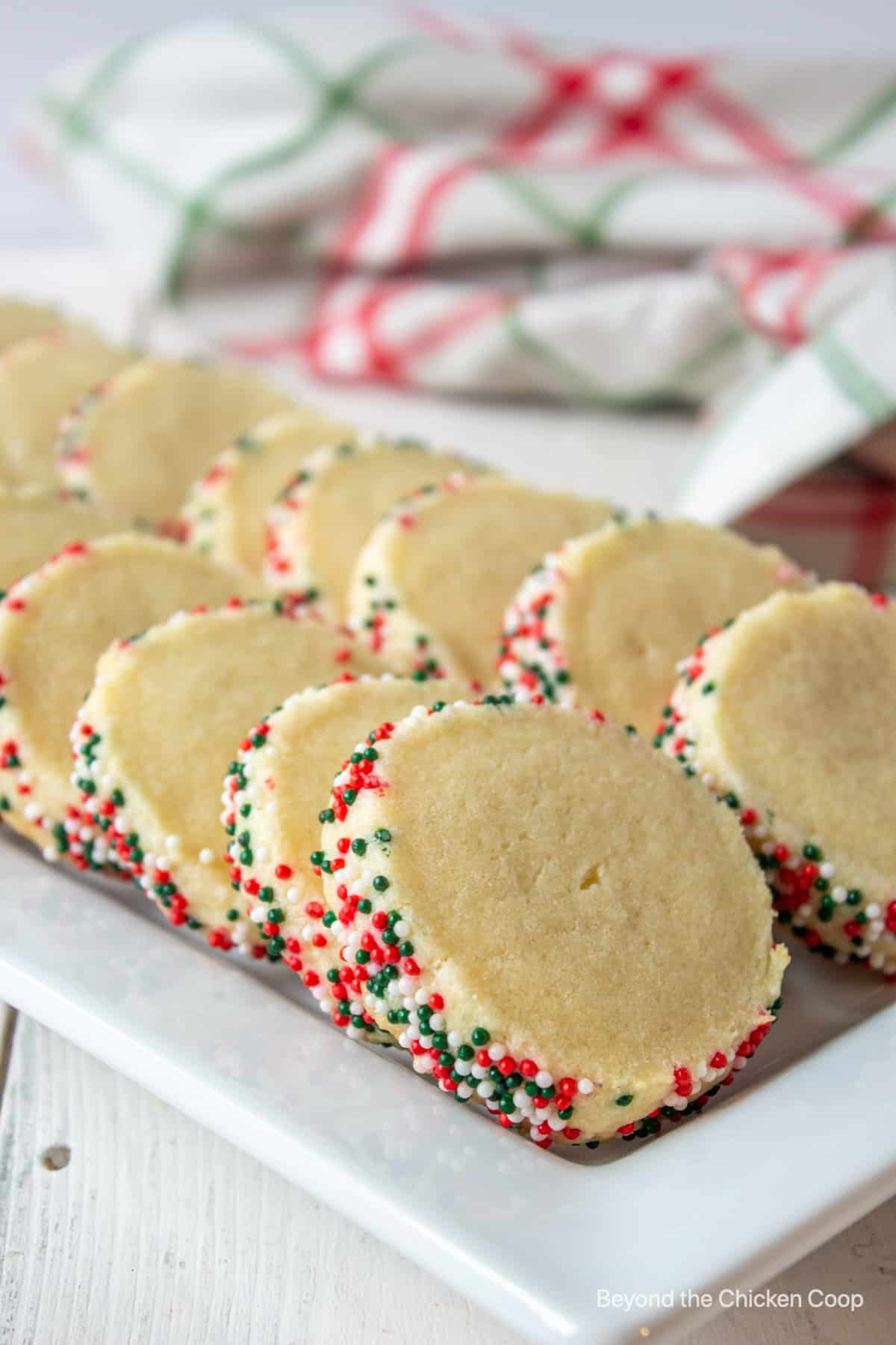 Rows of cookies on a white platter.