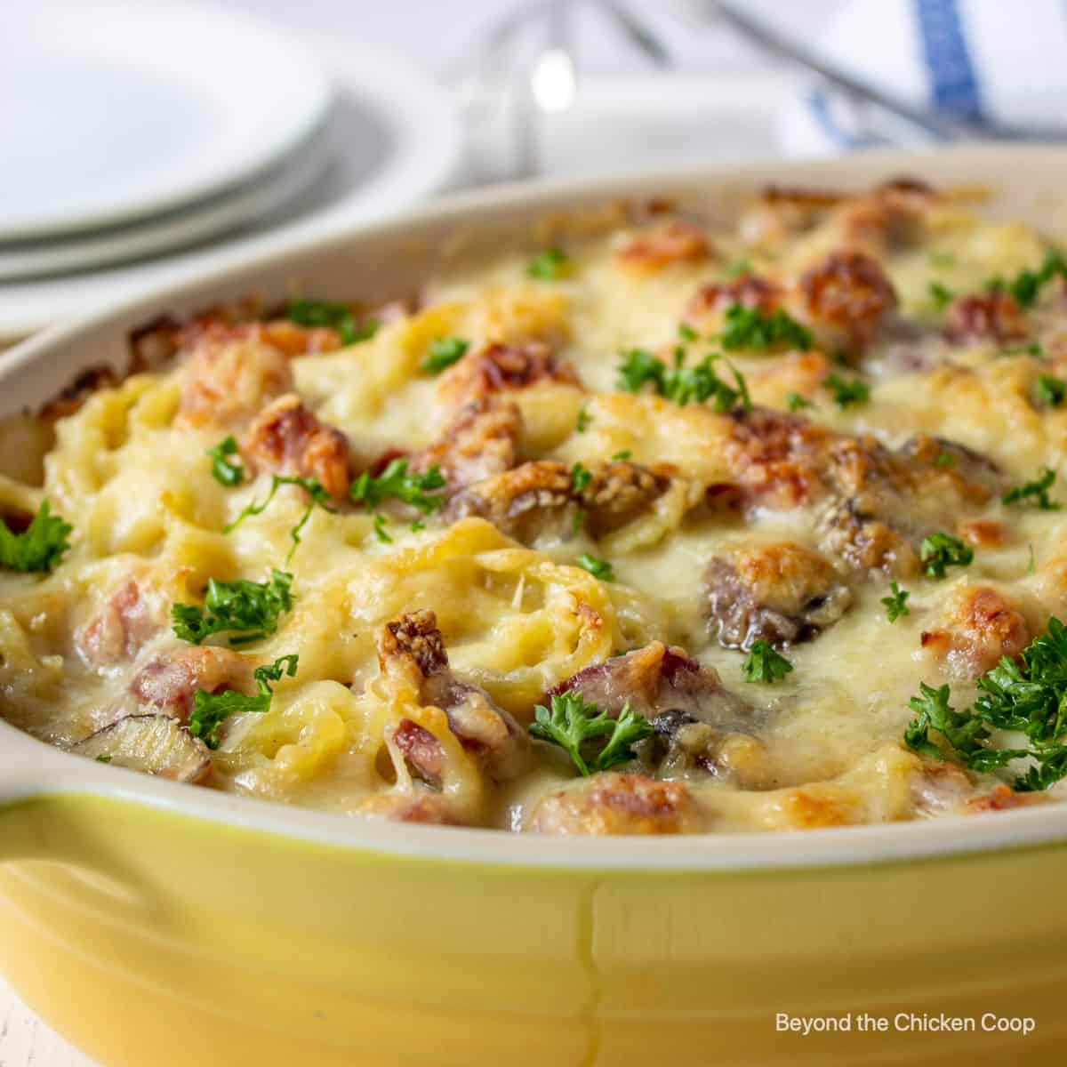 A casserole dish filled with Ham Tetrazzini.