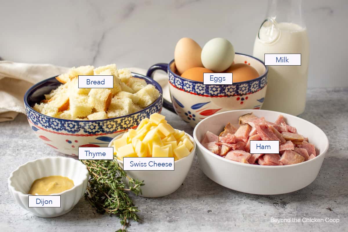 Ingredients for making an egg casserole.