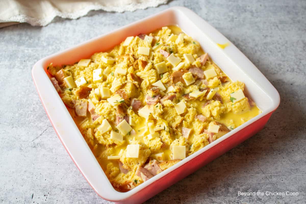 An unbaked breakfast casserole.