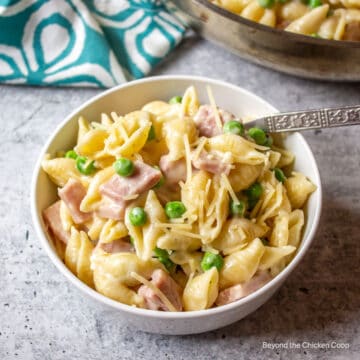 A bowl filled with pasta shells with ham and peas.