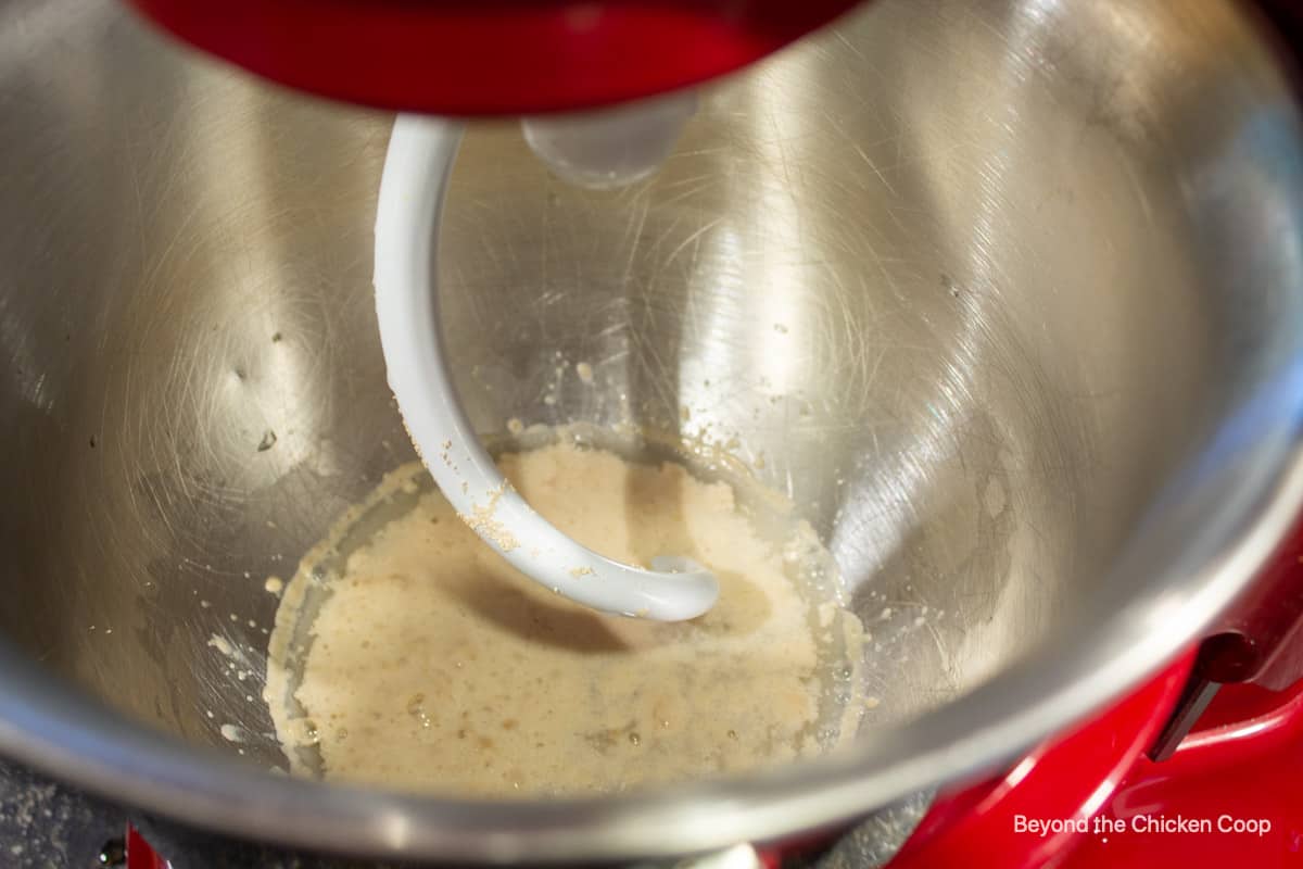 Bubbly activated yeast in a mixing bowl.