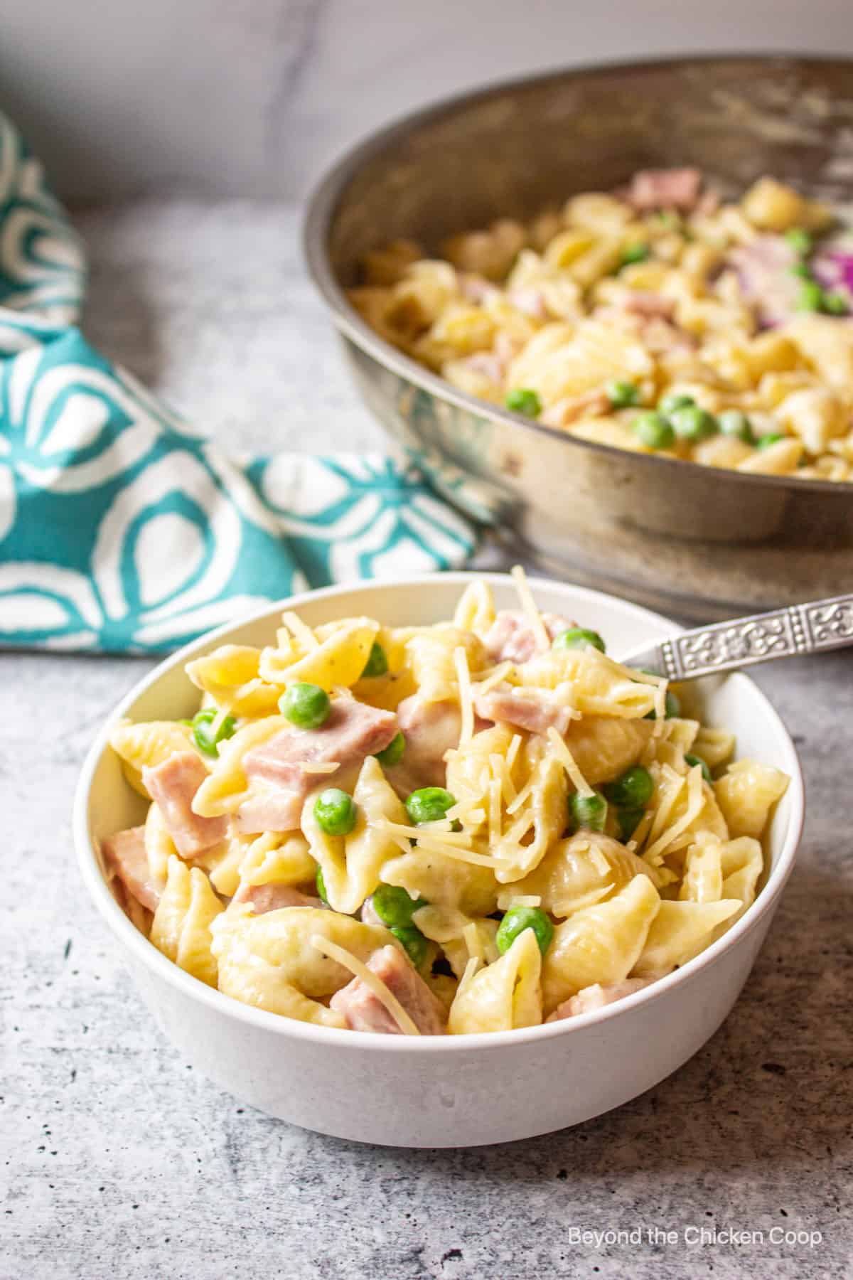 A bowl of pasta with a pan of pasta in the background.