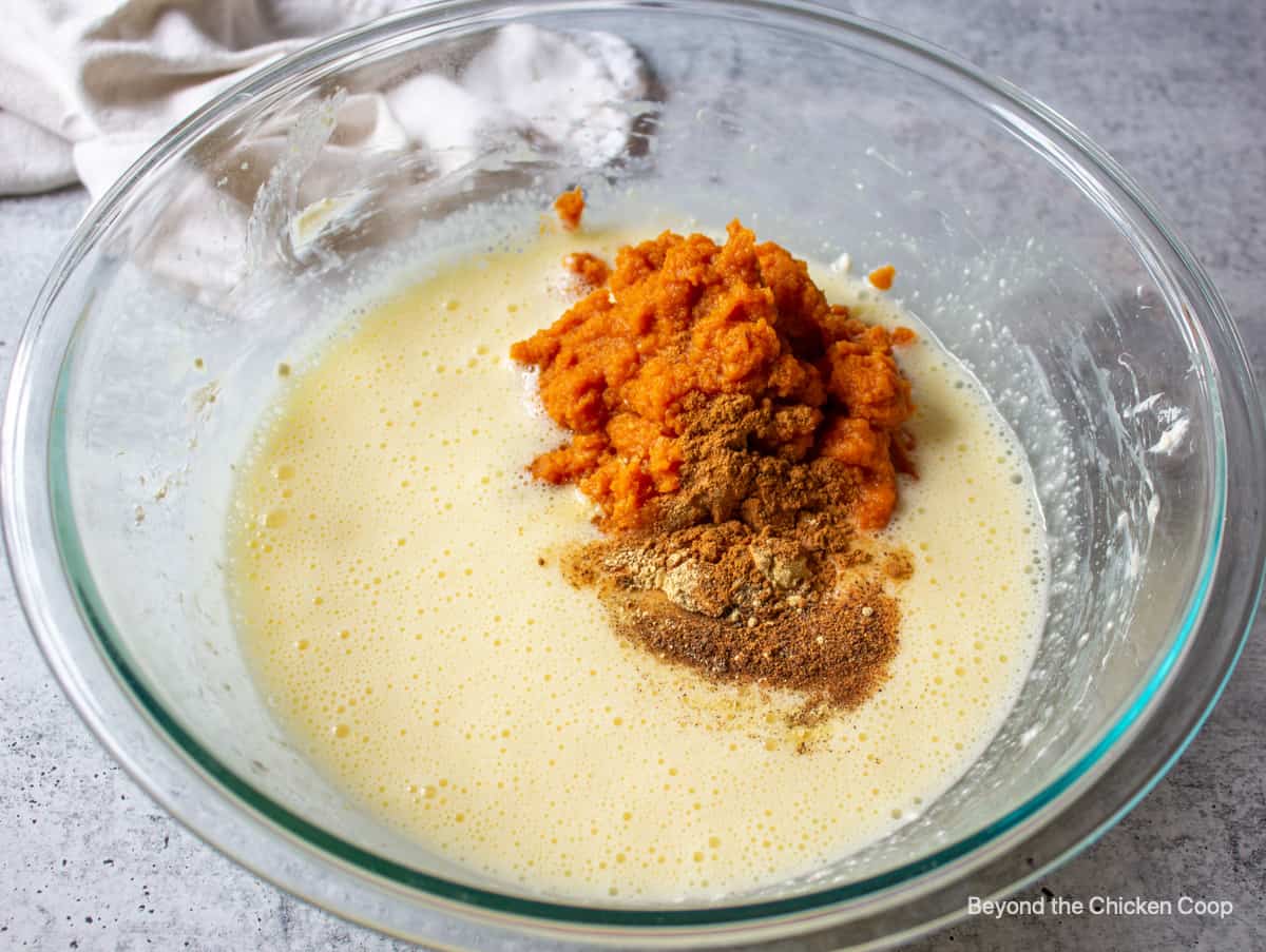 A bowl with pumpkin puree and spices.