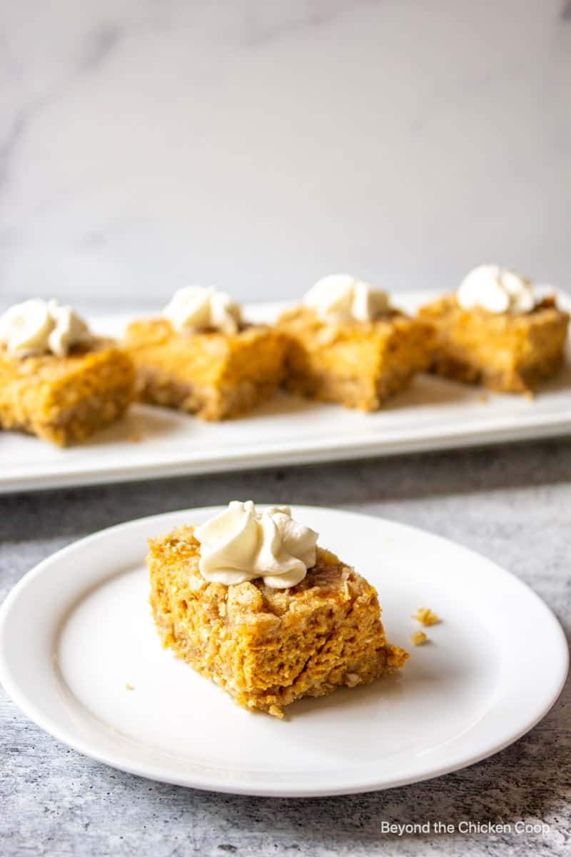 A pumpkin bar topped with a swirl of whipped cream.