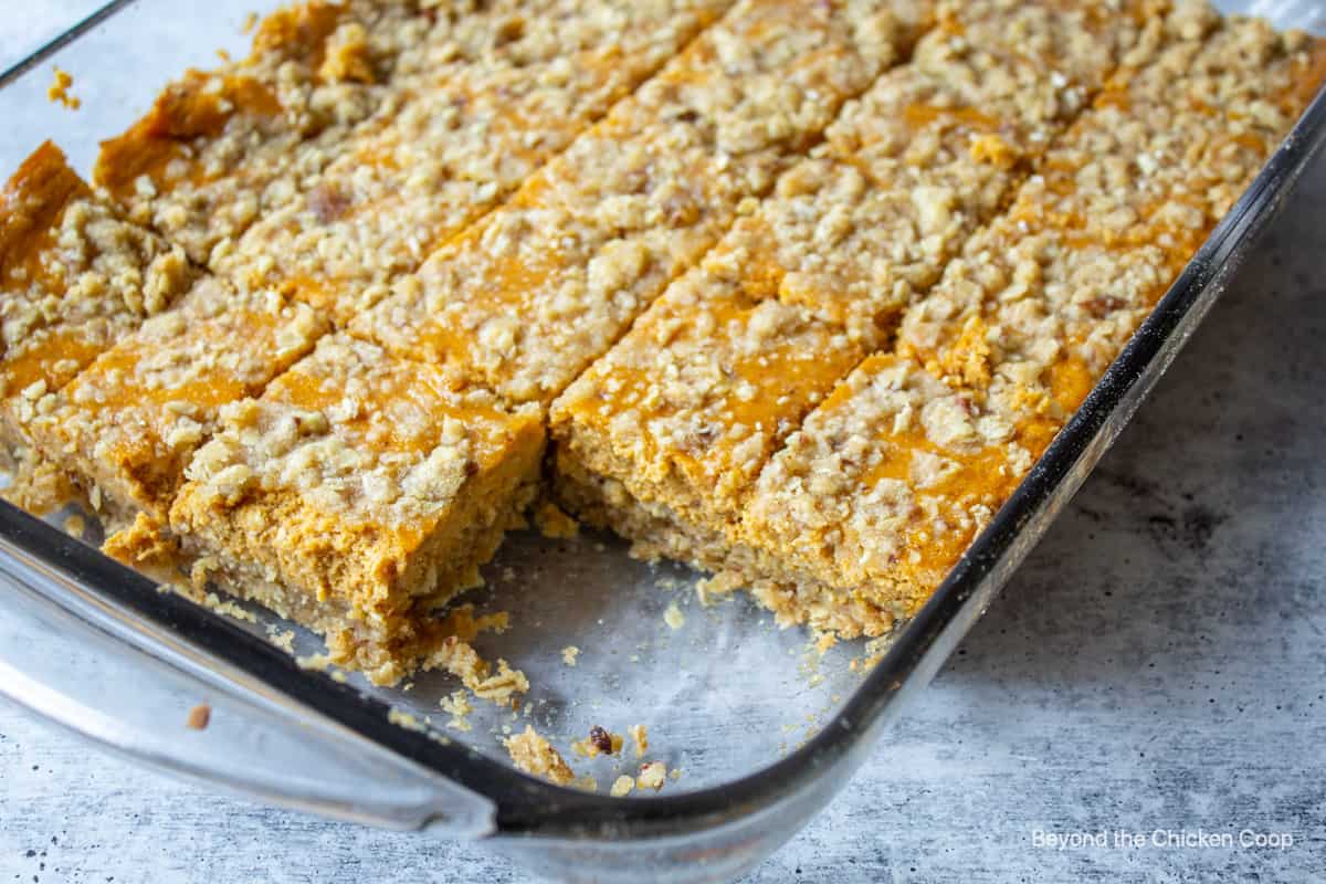 Pumpkin bars in a casserole dish.