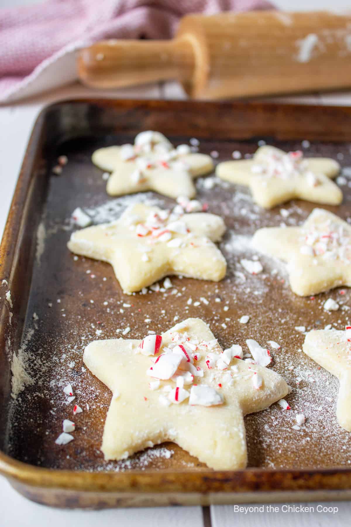 Cookie dough cut out into star shapes on a baking sheet.