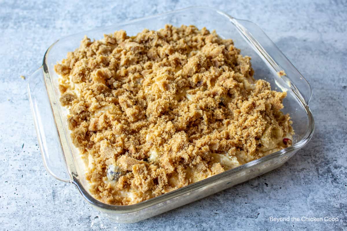 Streusel topping on an unbaked coffee cake.