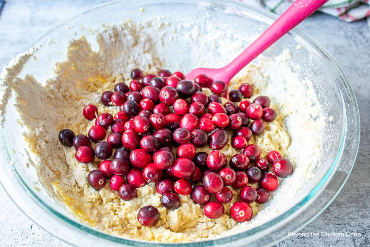 Fresh cranberries on top of cake batter.