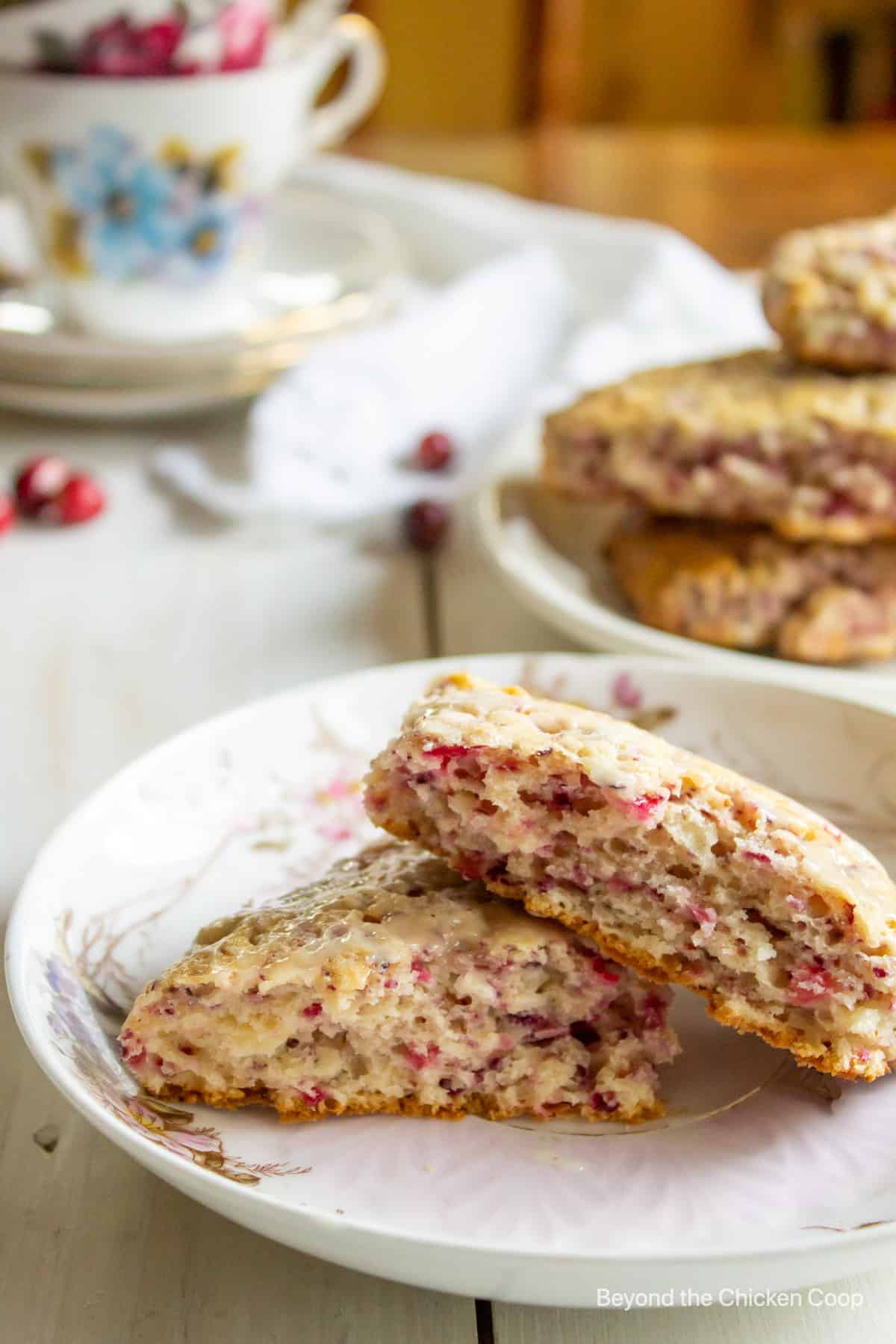 Two cranberry scones on a plate.