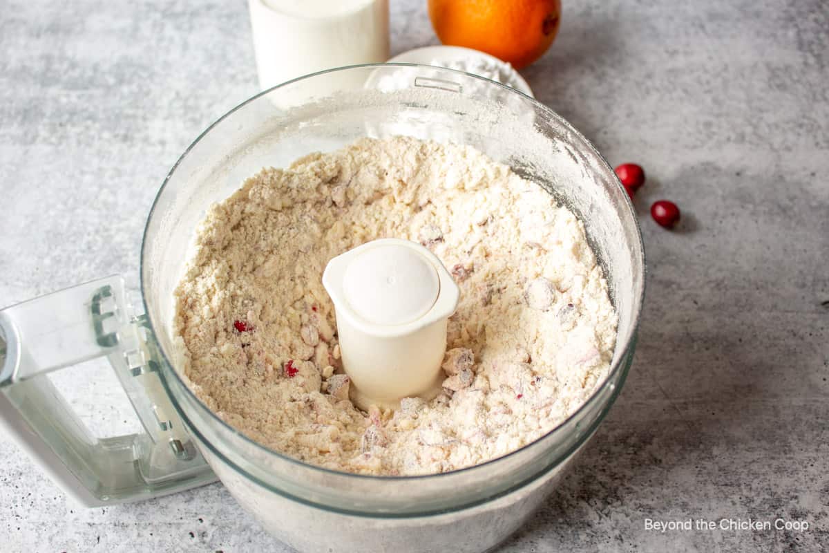 Chopped cranberries in a flour mixture.