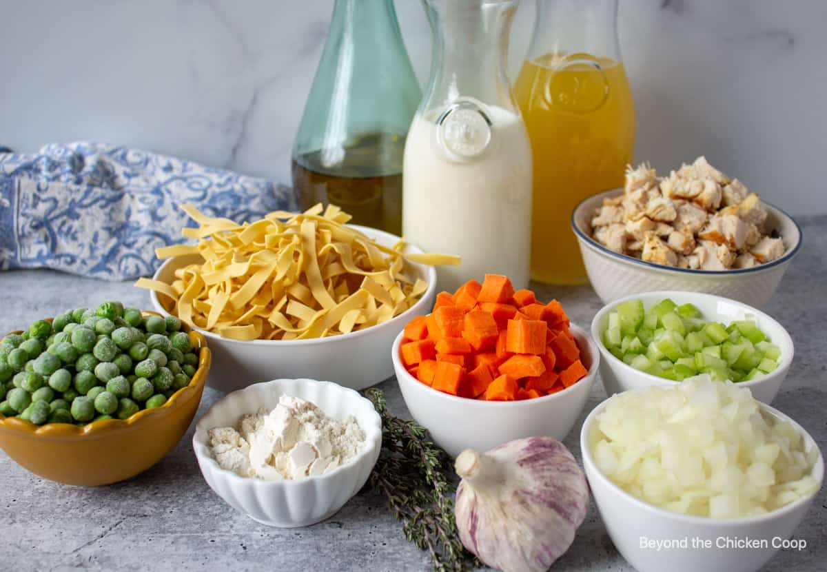 Ingredients for making chicken noodle soup.