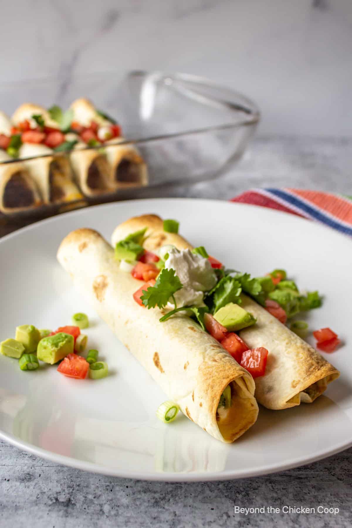 Two flour tortilla rolls on a plate.