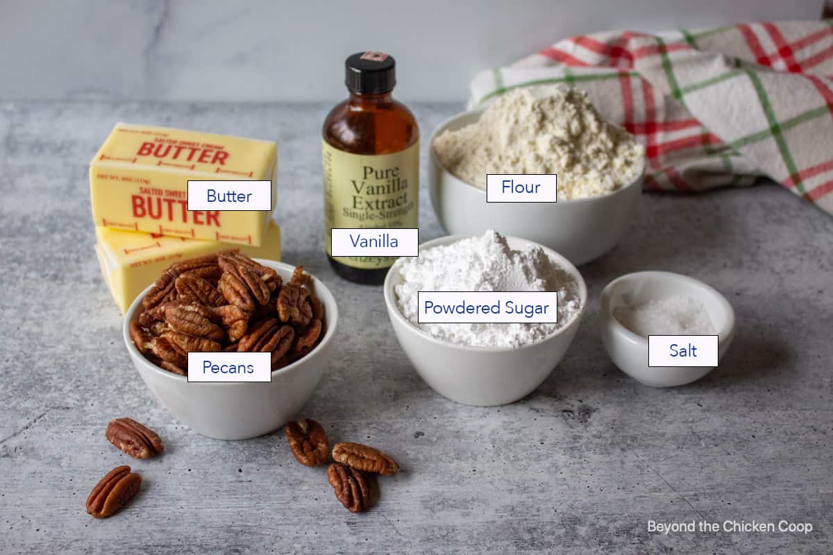 Ingredients for making snowball cookies.