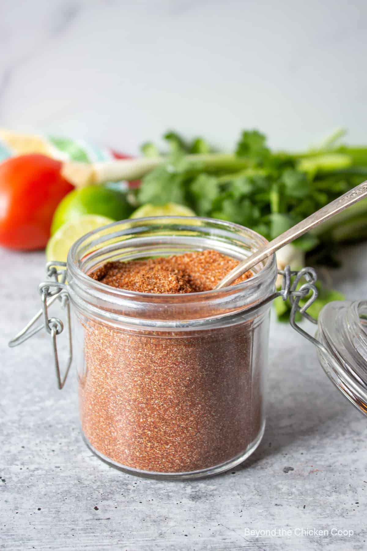 Taco spices in a glass crock. 