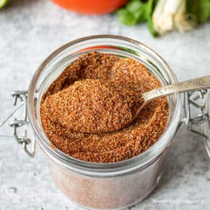 Taco seasoning in a glass crock.