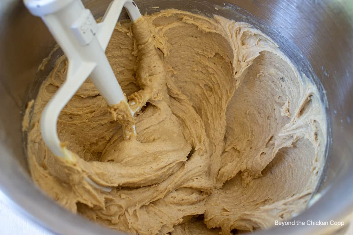 Cake batter in a mixing bowl.