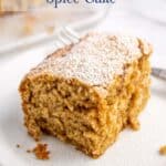 A slice of applesauce cake with powdered sugar.