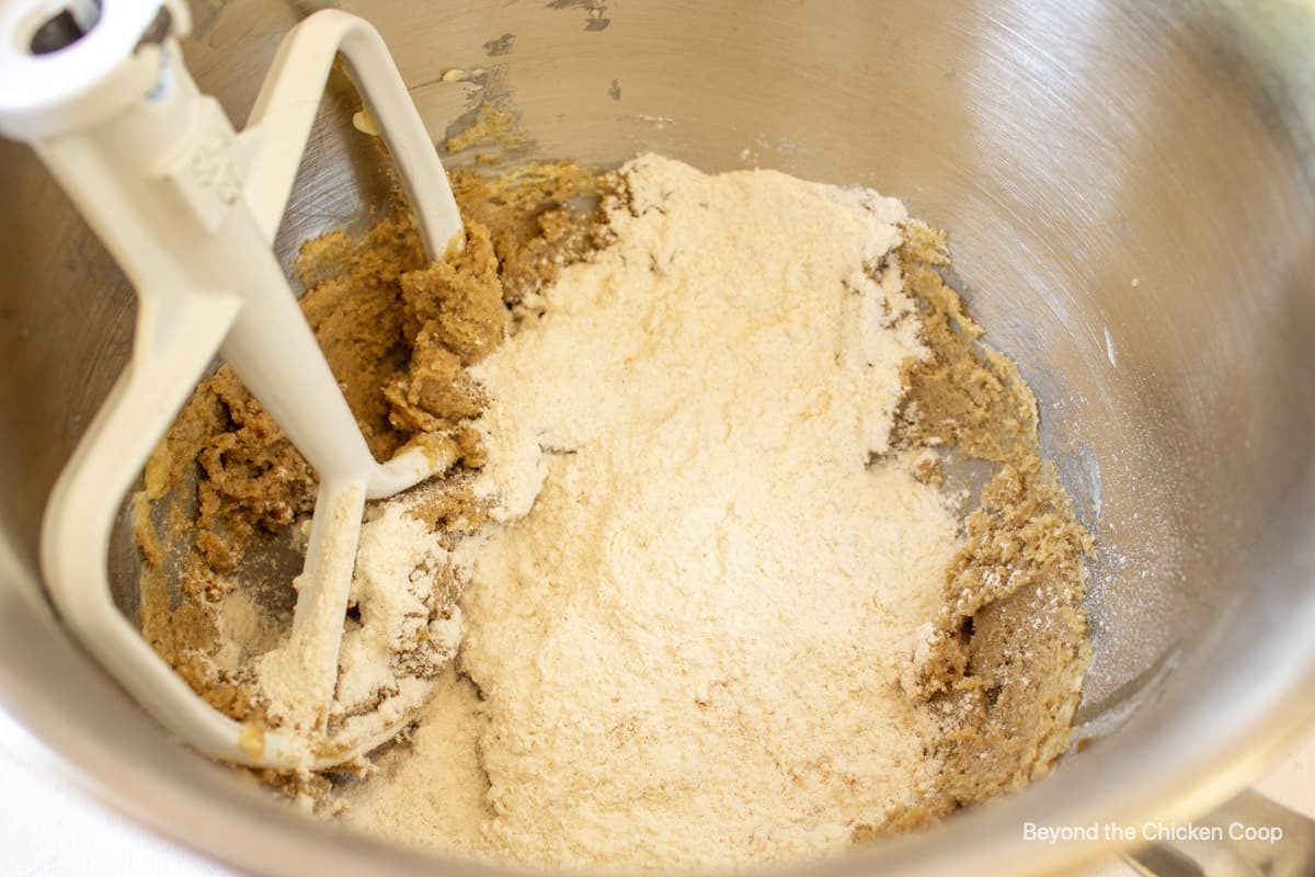 Flour added to butter and brown sugar.