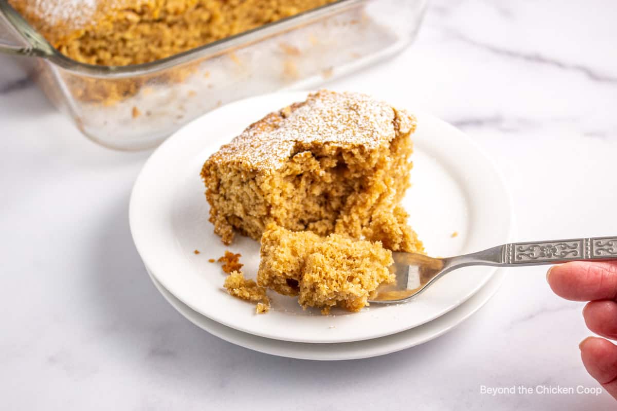 Spice cake topped with powdered sugar.