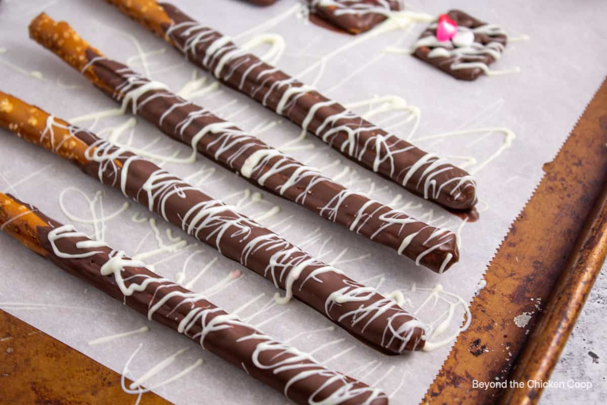 Dark and white chocolate pretzels. 