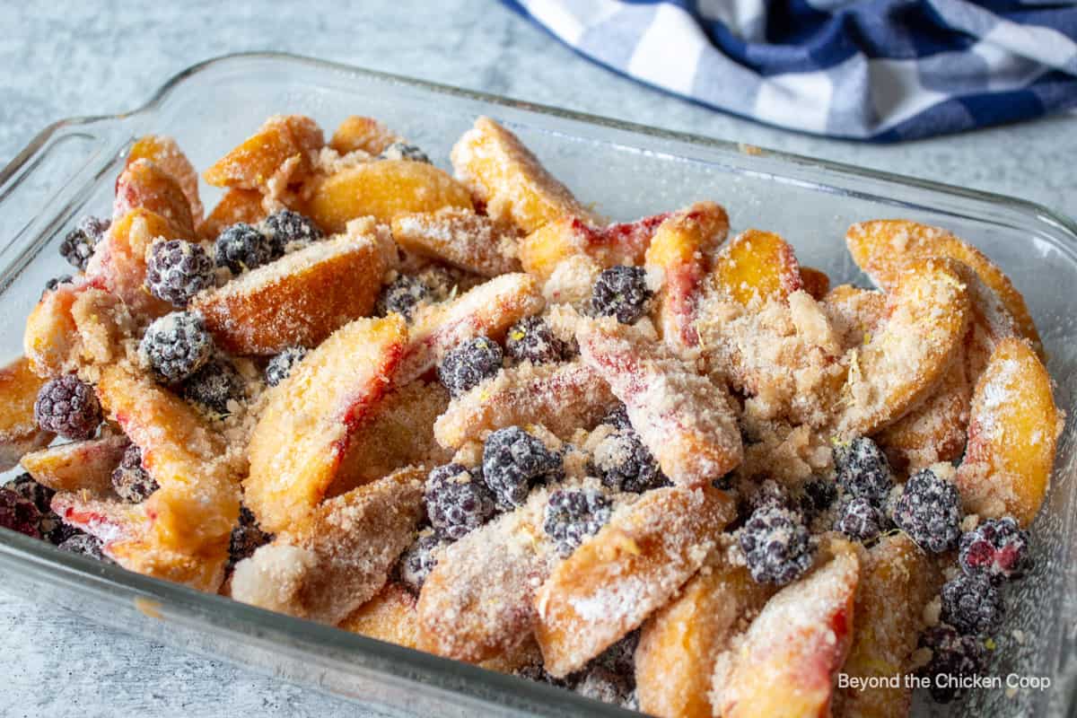 Fruit in a baking dish.