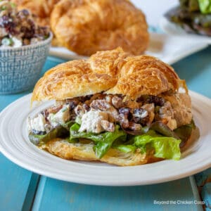 A croissant filled with chicken salad.