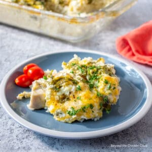 Rice casserole with chicken and green chiles.