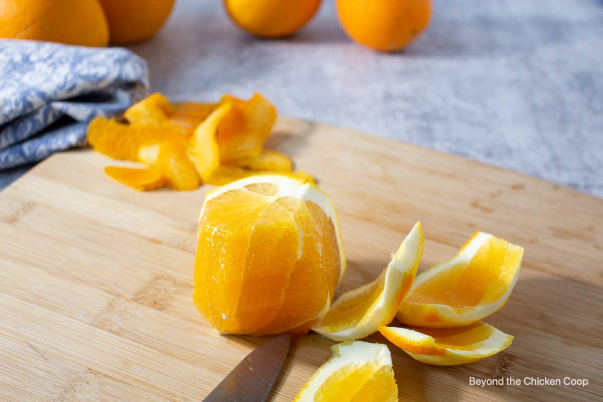 Cutting up an orange.