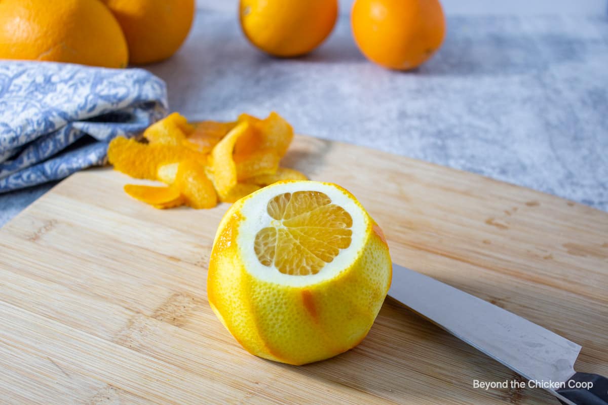 An orange with the peel removed.