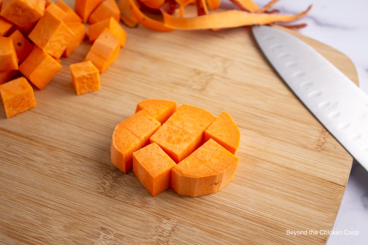 Sweet potatoes cut into small chunks.