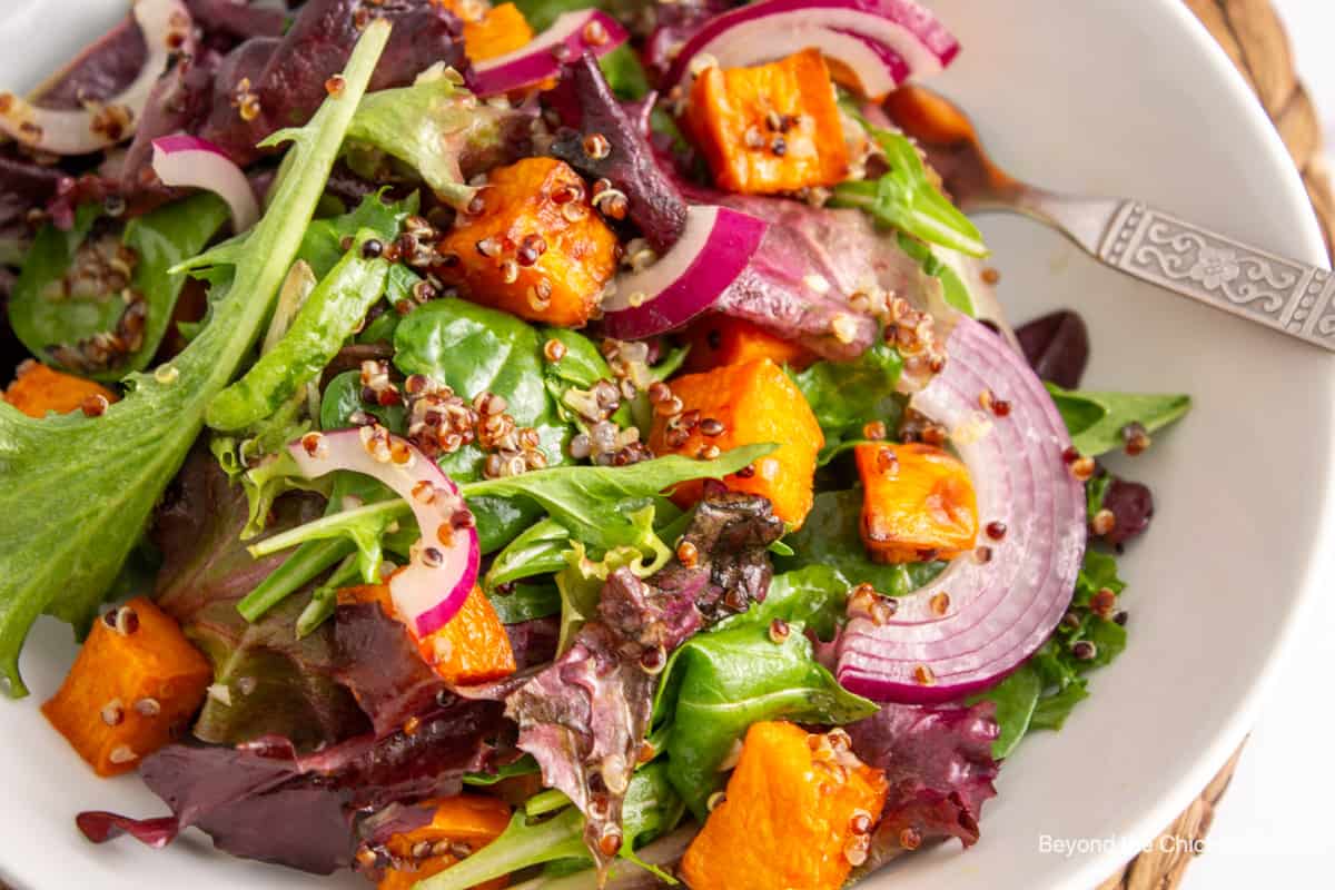 A closeup shot of a salad.