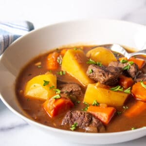 A white bowl filled with carrots, potatoes and meat in a rich broth.