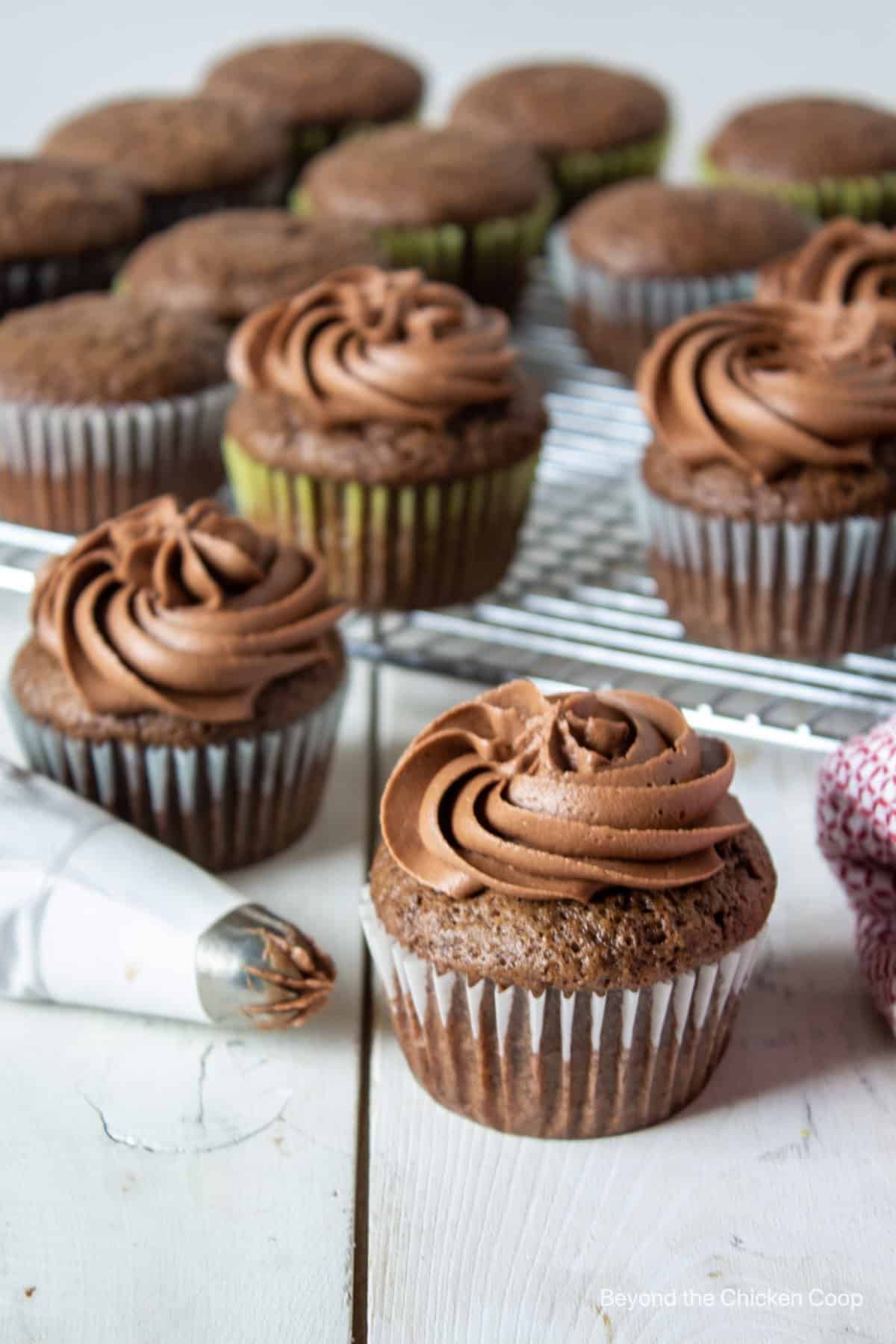 Decorating chocolate cupcakes. 