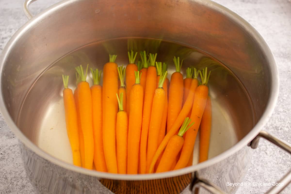 Carrots in a large pot of boiling water. 