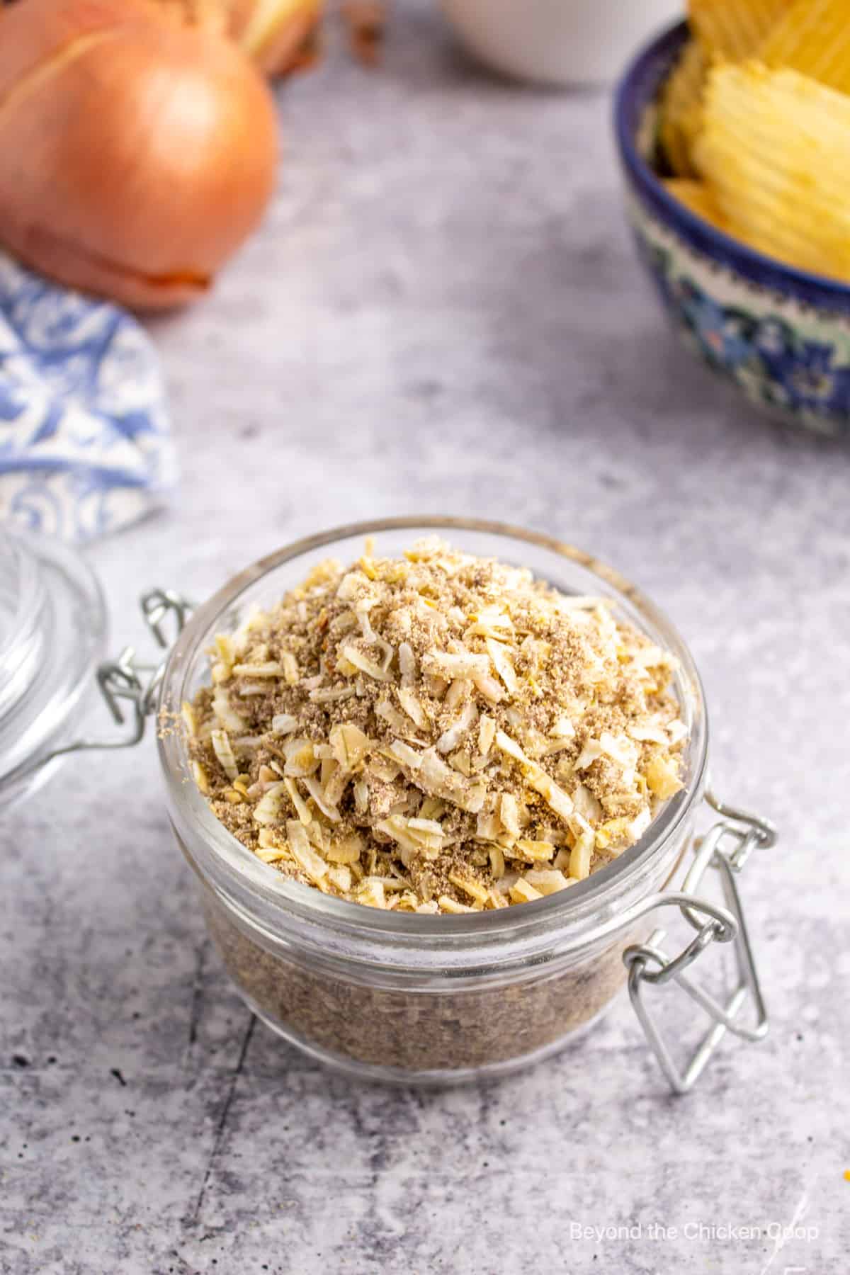 A jar filled with homemade dried soup mix. 