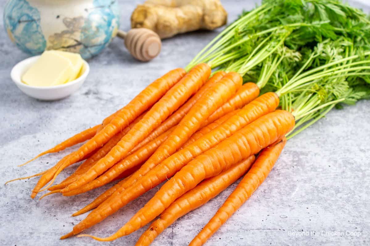 Fresh carrots with the green tops.