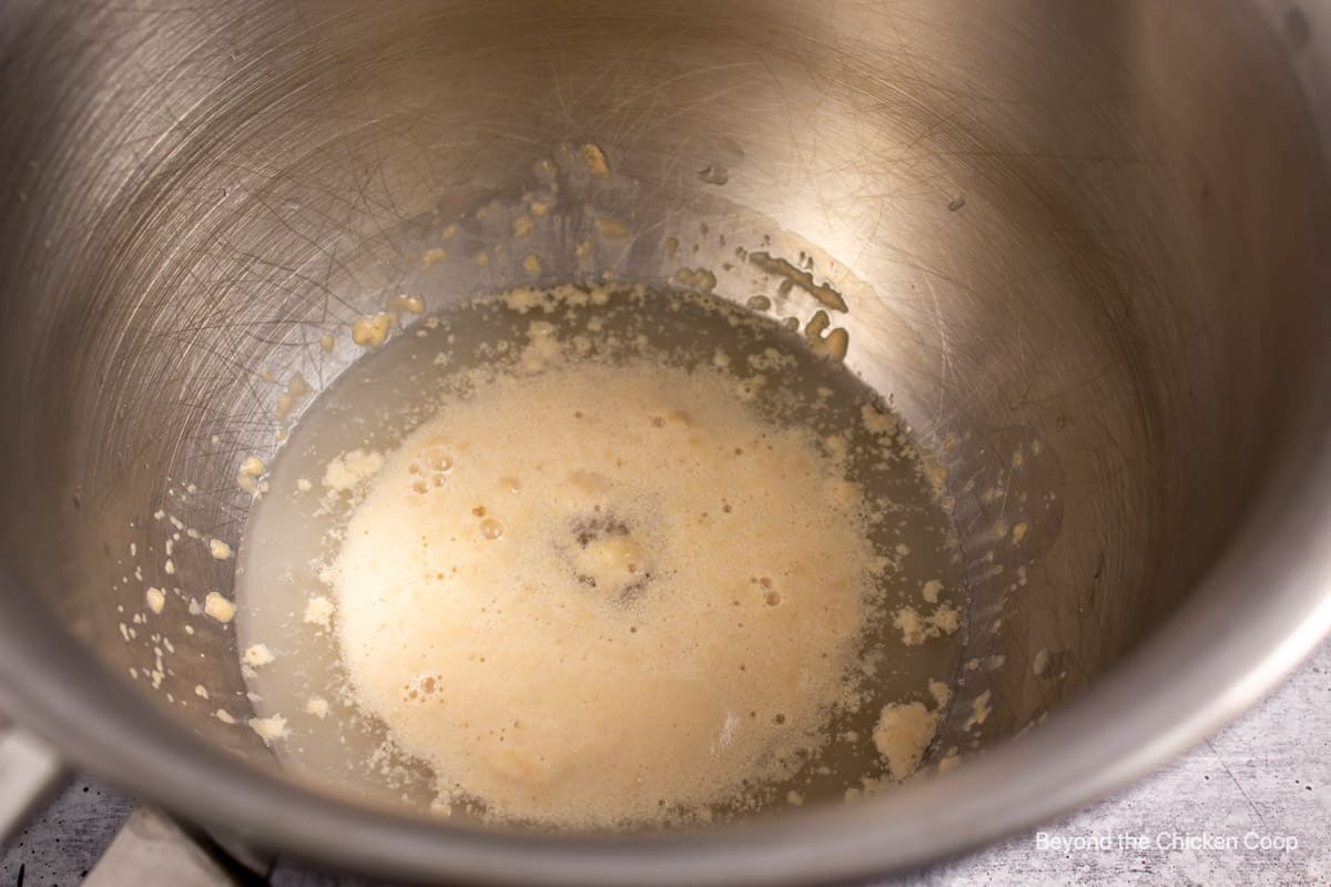 Proofed yeast in a mixing bowl.