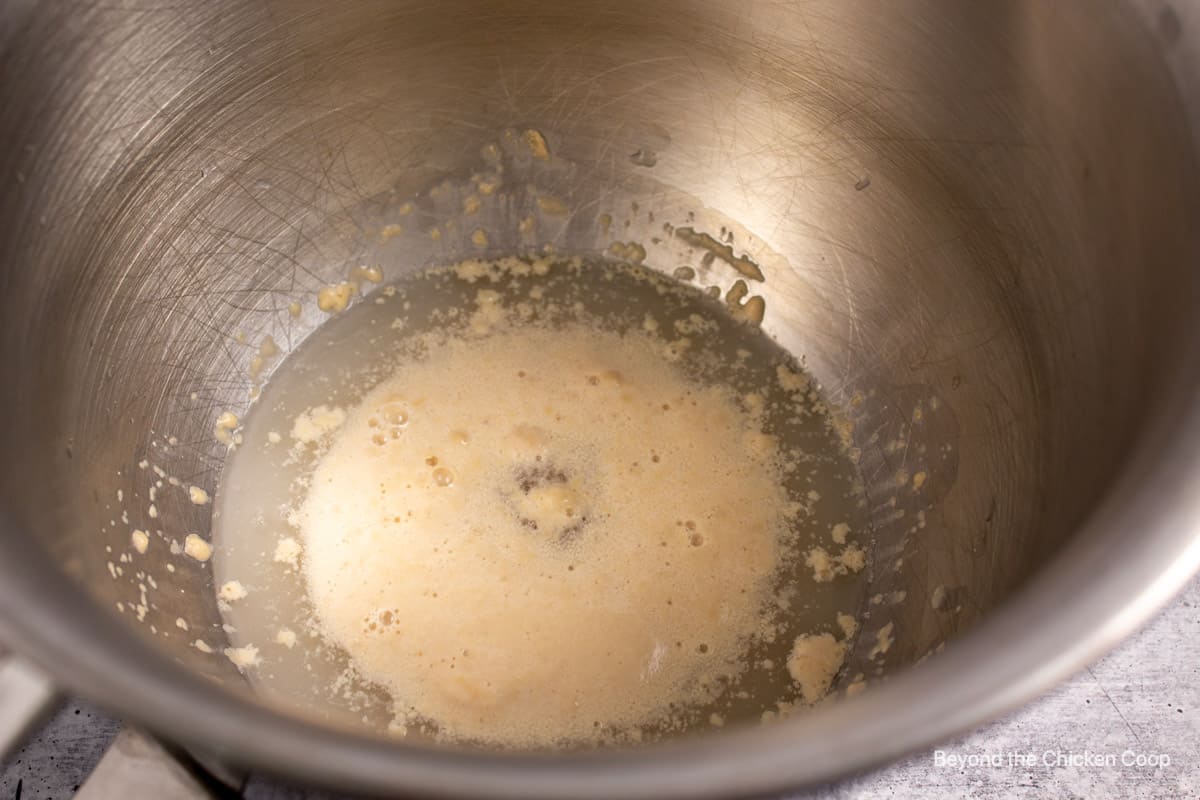 Proofed yeast in a mixing bowl.