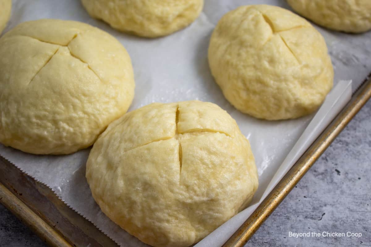 Round balls of dough on a baking sheet.