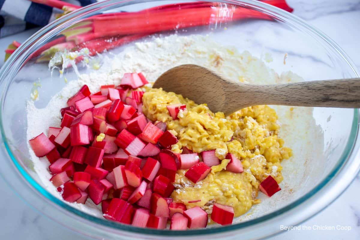 Adding chopped rhubarb to bread batter. 