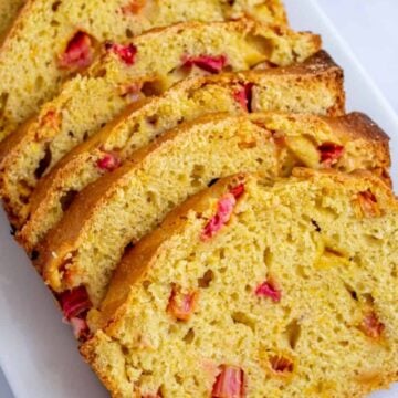 Slices of quick bread with rhubarb.