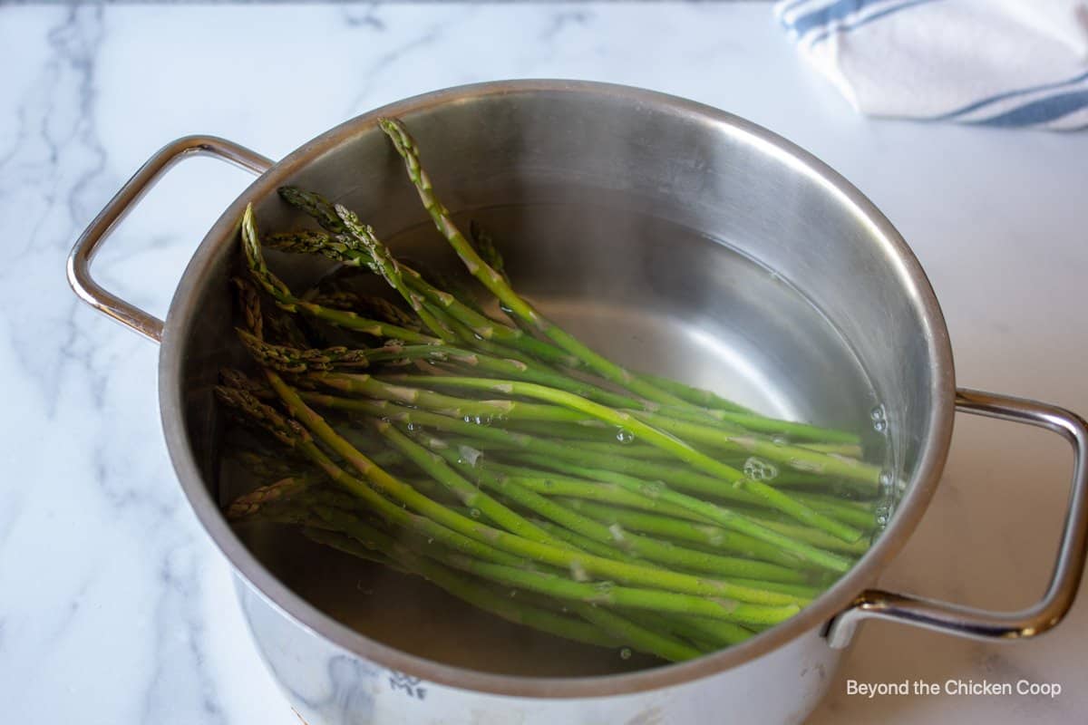 Asparagus in a pot of hot water.